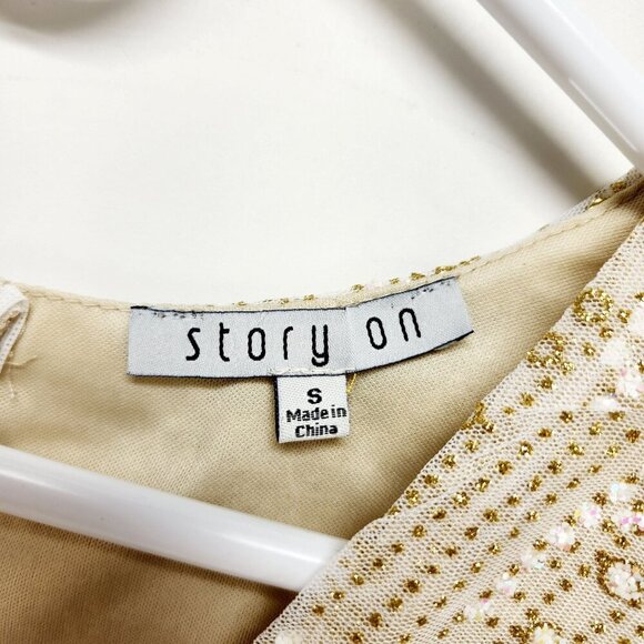 Sequin Womens Embellished Cream & Gold Short Sleeve Romper By Story On - Size S - Picture 3 of 11